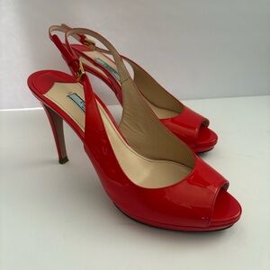 Prada red peep toe patent leather sling back stiletto heels size 37.5EU 7US
